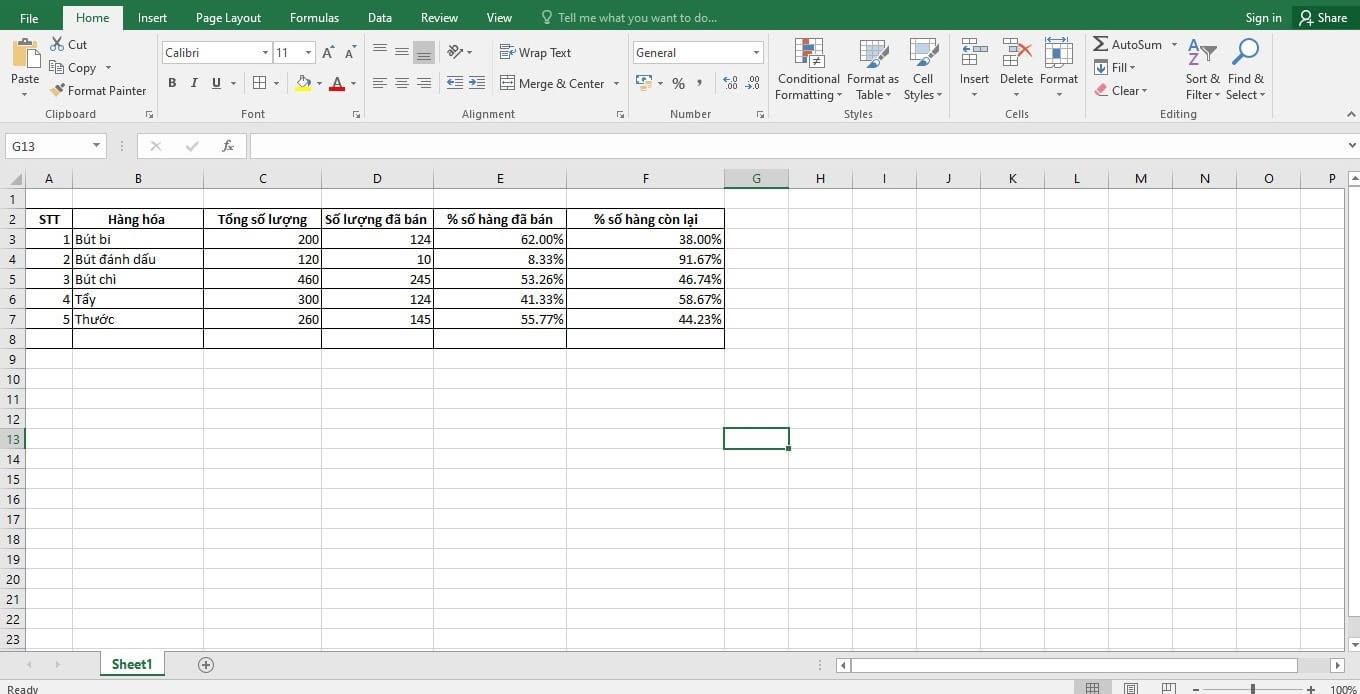 Tính phần trăm trong excel 5