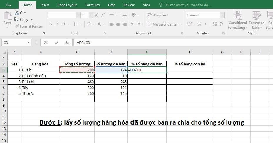 Tính phần trăm trong excel