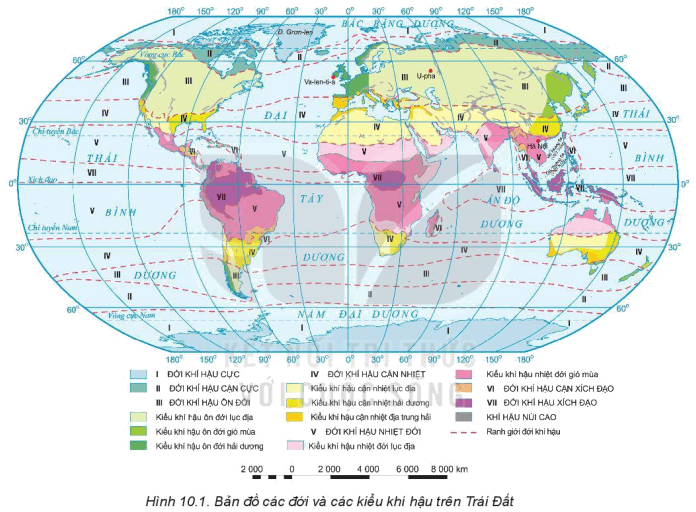 Dựa vào hình 10.1, hãy Xác định phạm vi và tên của các đới khí hậu