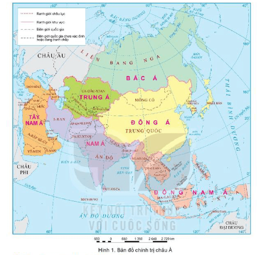 Xác định các khu vực của châu Á trên bản đồ hình 1