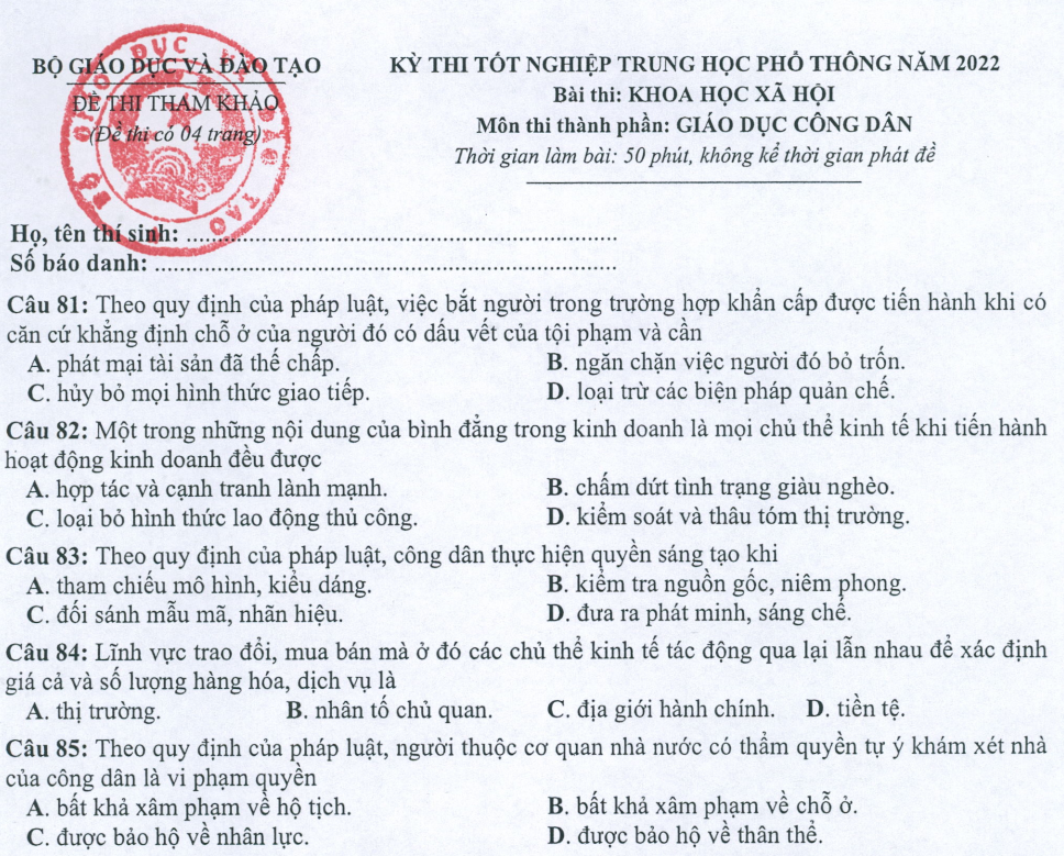 Đề minh họa năm 2022 GDCD tốt nghiệp THPT (có đáp án)