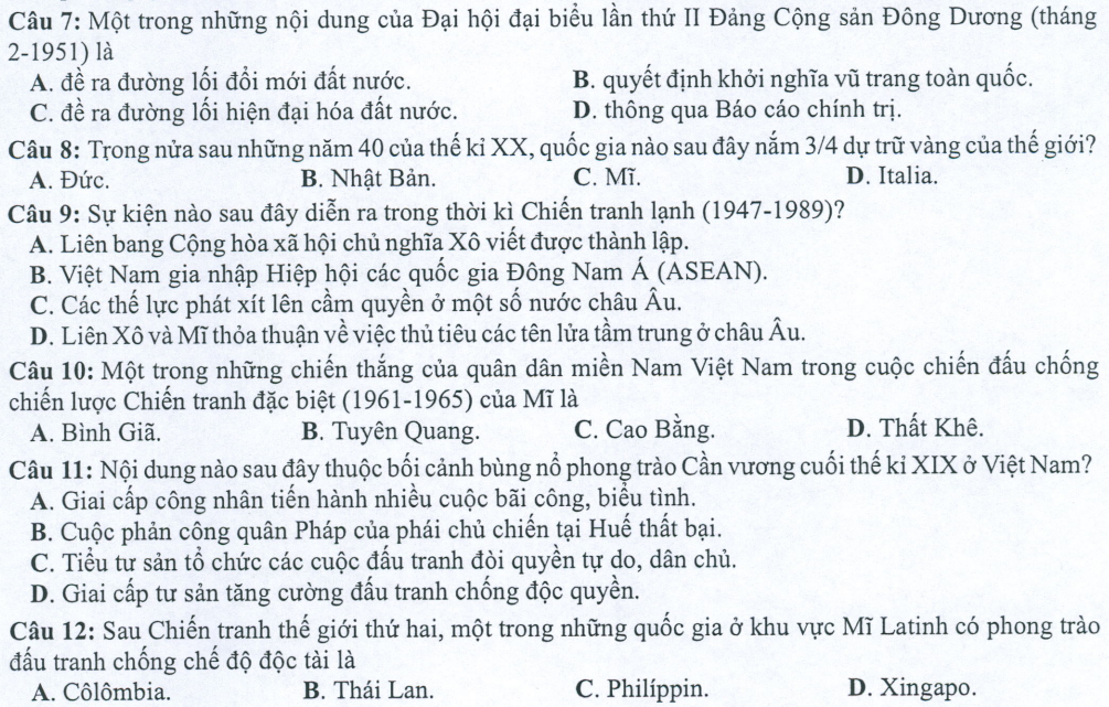 Đề minh họa năm 2022 Lịch Sử tốt nghiệp THPT (có đáp án)