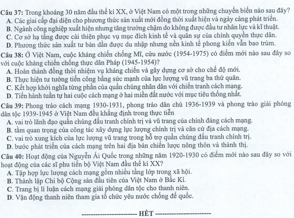 Đề minh họa năm 2022 Lịch Sử tốt nghiệp THPT (có đáp án)