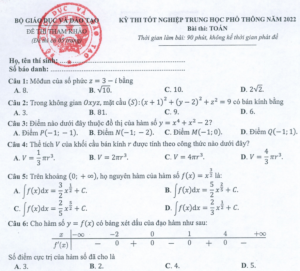 Đề minh họa năm 2022 Toán tốt nghiệp THPT (có đáp án)