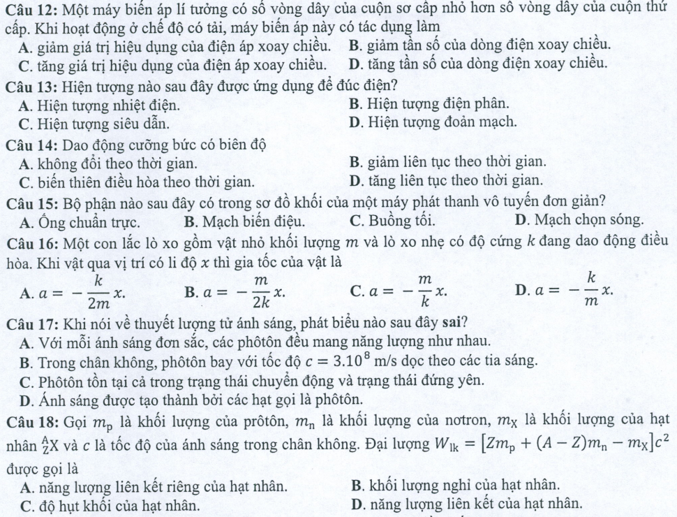 Đề minh họa năm 2022 Vật Lí tốt nghiệp THPT (có đáp án)