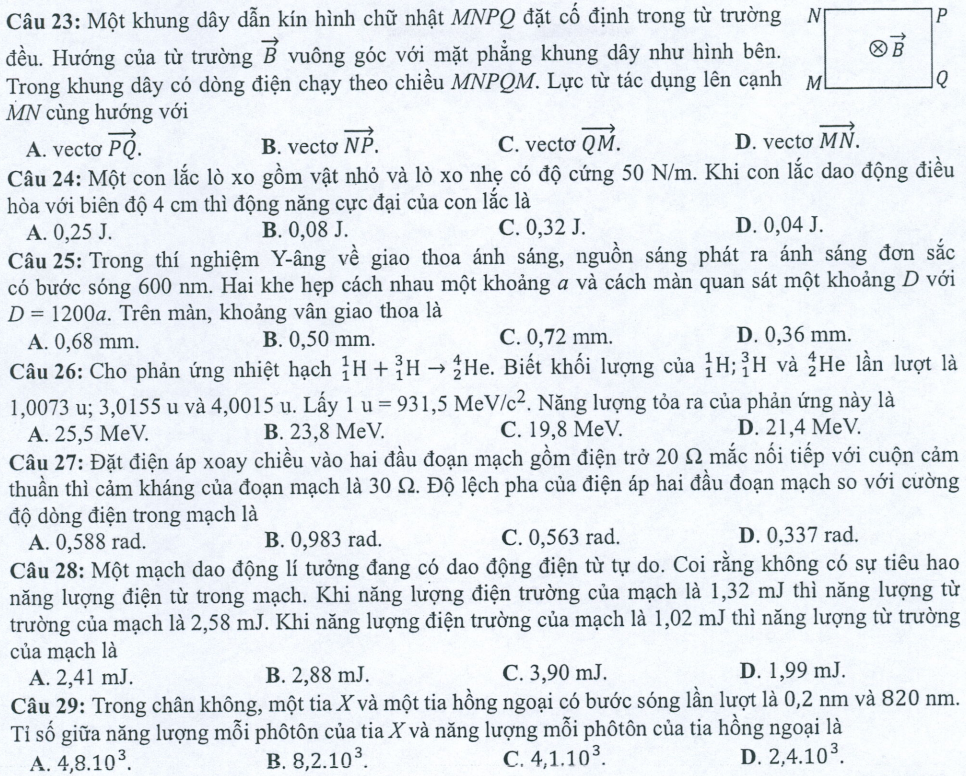Đề minh họa năm 2022 Vật Lí tốt nghiệp THPT (có đáp án)