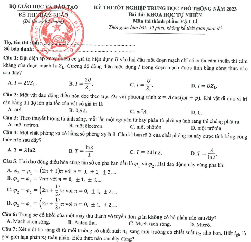 Đề minh họa năm 2023 Vật Lí (có đáp án) | Đề tham khảo 2023 Vật Lí