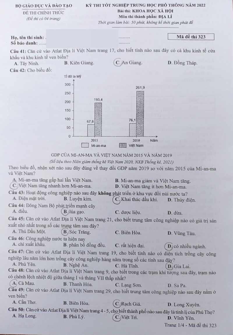 Đề thi tốt nghiệp THPT môn Địa lí năm 2022 (Đề chính thức có đáp án)