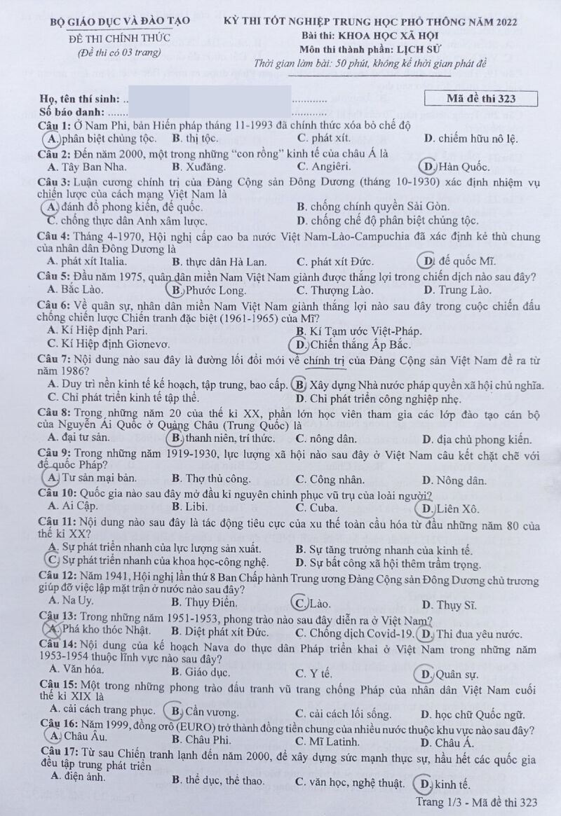 Đề thi tốt nghiệp THPT môn Lịch sử năm 2022 (Đề chính thức có đáp án)