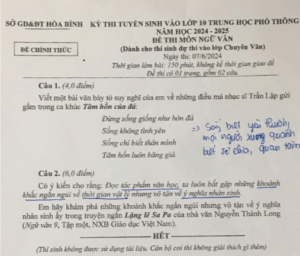 Đề thi vào 10 Văn Chuyên Hòa Bình năm 2024