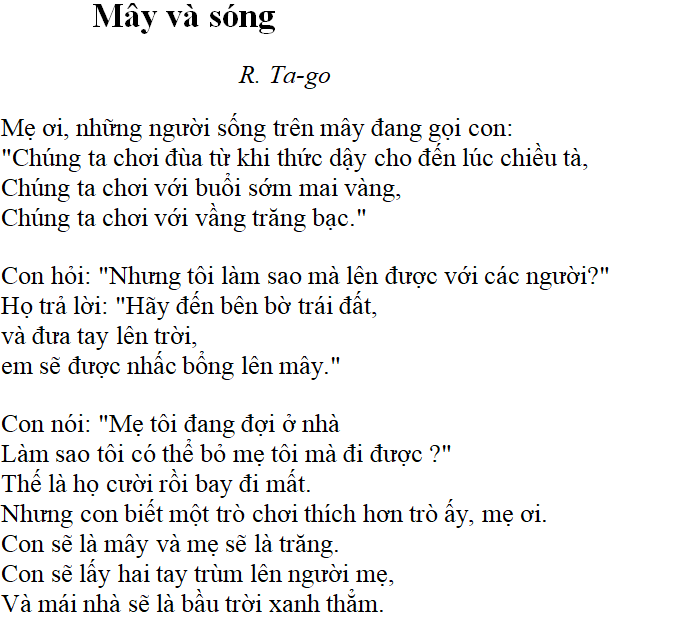 Bài thơ: Mây và sóng (R. Ta-go): nội dung, dàn ý, bố cục, tác giả | Ngữ văn lớp 9